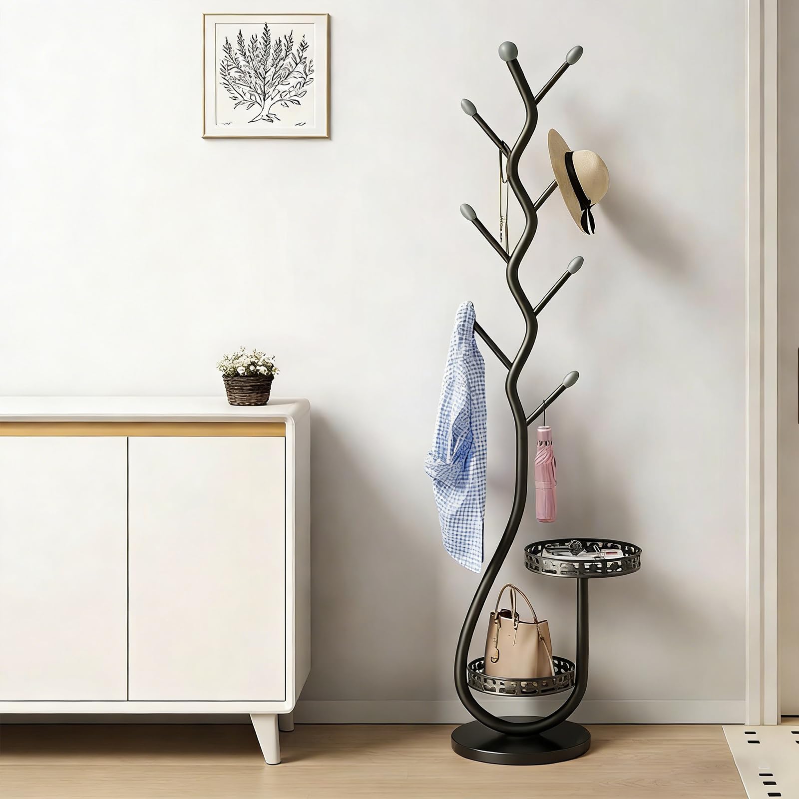 Js Space Black-A Modern Coat Rack Freestanding Coat Hall Tree Metal Tall Entryway Coat Stand With 8 Coat Hooks Slim Black Coat Hanger For Bedroom, Hallway, Office And Small Spaces