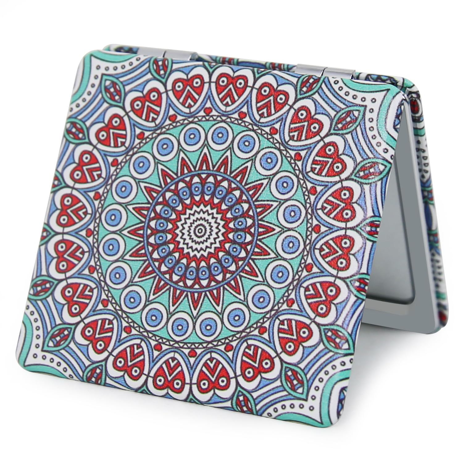 Pocket Mirror for Women, Square 2.8” Metal Frame PU Ethnic Style Double Sided Mini Magnifying 1X/3X Mirror for Purse Compact Travel Mirror (Ethnic03)