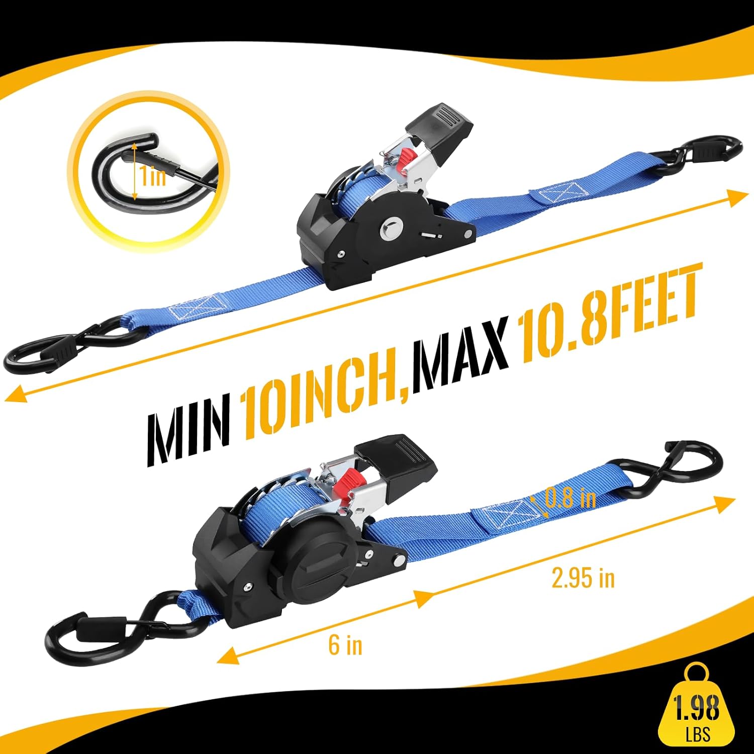 TLGREEN Retractable Ratchet Straps,Blue,4 Pack,1” x 10’1650lb Break Strength Heavy Duty Auto Self Retracting Tie Down Straps for Truck, Cargo, Motorcycle, ATV, UTV,Boat