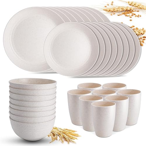 HANMFEI Juego de vajilla de paja de trigo para 8 32 unidades platos y cuencos de plástico vajilla irrompible juego de platos de plástico ligero