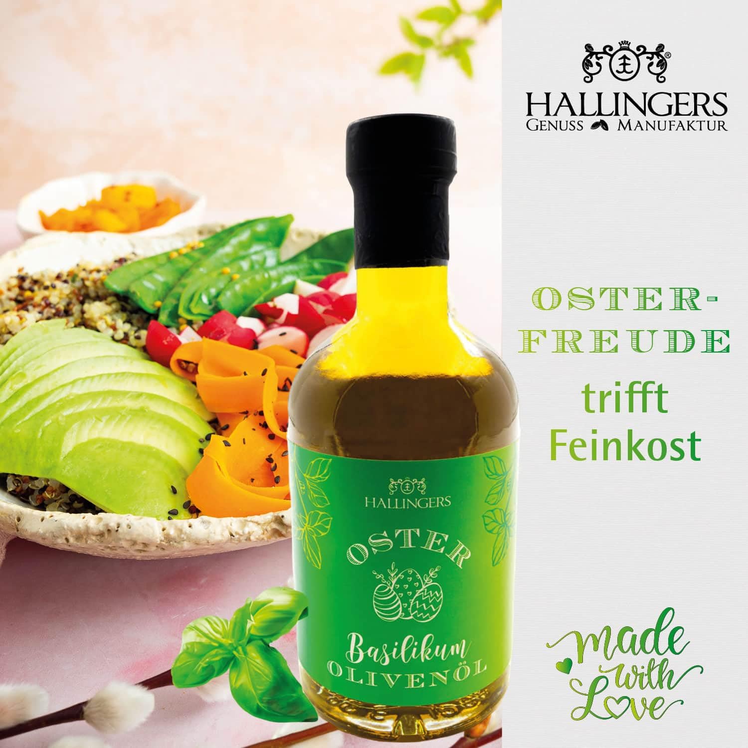 Hallingers Genuss Manufaktur Feinkost Oster-Geschenk-Set - XXL-Geschenkkorb "Gruß vom Osterh..." großer Ostergruß Ostereier, Müsli, Kaffee, Konfitüre, Olivenöl & mehr, Ostern Körbchen für Frauen