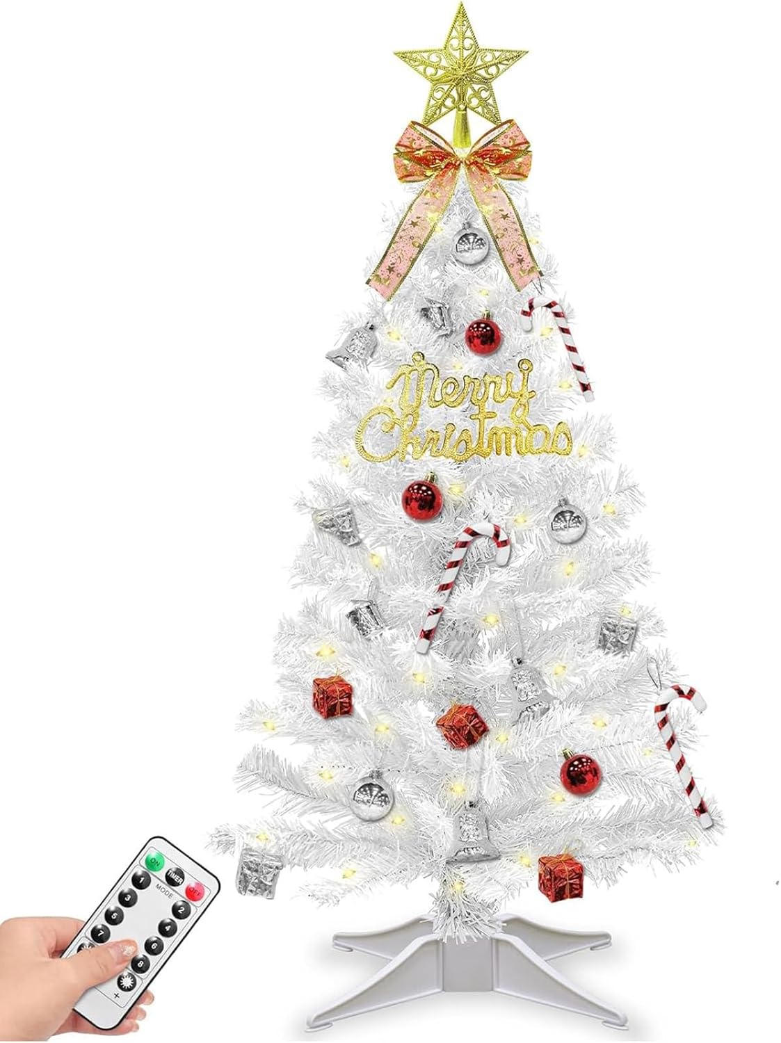 3Ft White Christmas Tree Remote Control 50 Warm White & Colorful Change Lights 8 Modes with Timer Battery Operated, Small Mini Christmas Tree with 45 Ornaments for Table Indoor Home Office Holiday