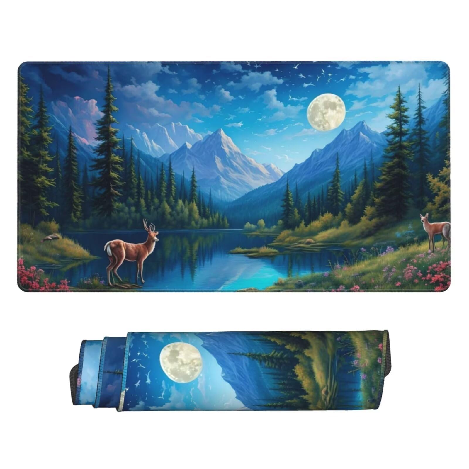 Gamingowa podkładka pod mysz XXL, 1200 x 600 mm, niebieska, leśna, duża, 120 x 60 cm, rozszerzona podkładka na biurko, akcesoria gamingowe z przyszytymi krawędziami dla poprawy precyzji i prędkości