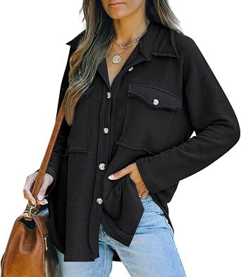 Womens Casual Button Down Long Sleeve Shacket Shirts Jacket Coat with Pockets