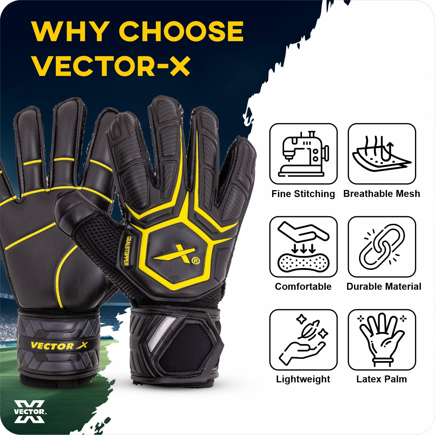 Vector X Goal Stopper Goalkeeper Gloves, Soccer Gloves, Goalie Gloves, Breathable Football Gloves| 4mm Latex Material to Give Protection| for Kids Youth & Adult (Black, Size: 8)
