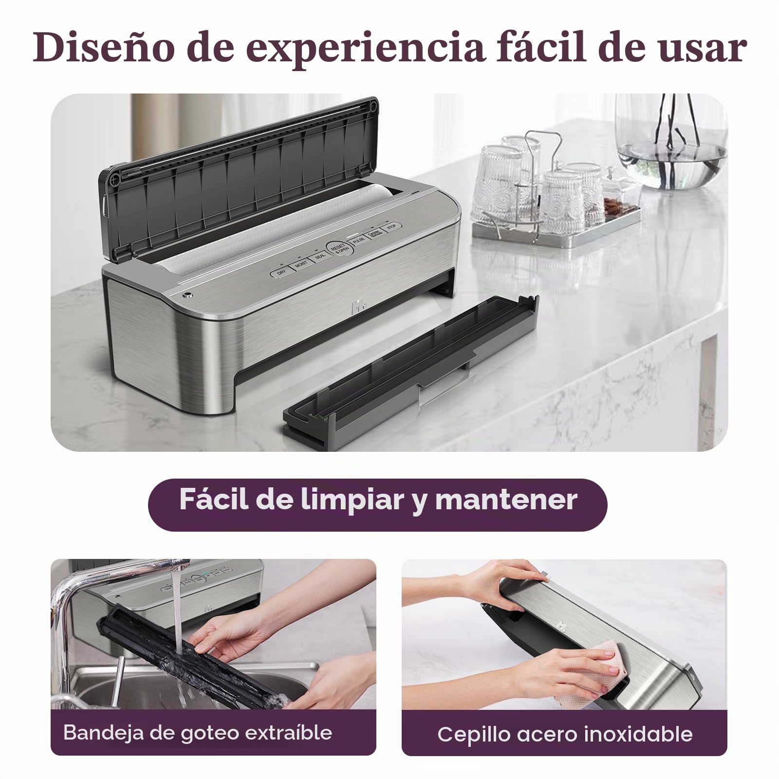 Mesliese 85kPa 120W Envasadora al Vacío, Cortador, 2 Rollos | 85kPa/120W, cortador y almacén integrados, modos seco/húmedo, tira 11,8", 2 rollos + 5 bolsas, garantía 5 años.