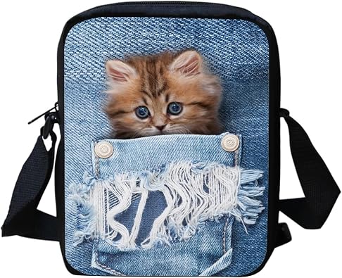 Baby Kitten Denim Kids Cross Boys Bag Cute Animal Print Messenger Bag Boys Girls Zip Crossbody Bag