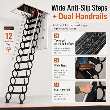 Ceiling Mount Attic Ladder, Retractable Attic Ladder Ceiling Pull Down System, 12 Steps Folding Loft Step with Armrests, Hidden Mount Attic Extension Stairs for Garage(Black, Step 12)