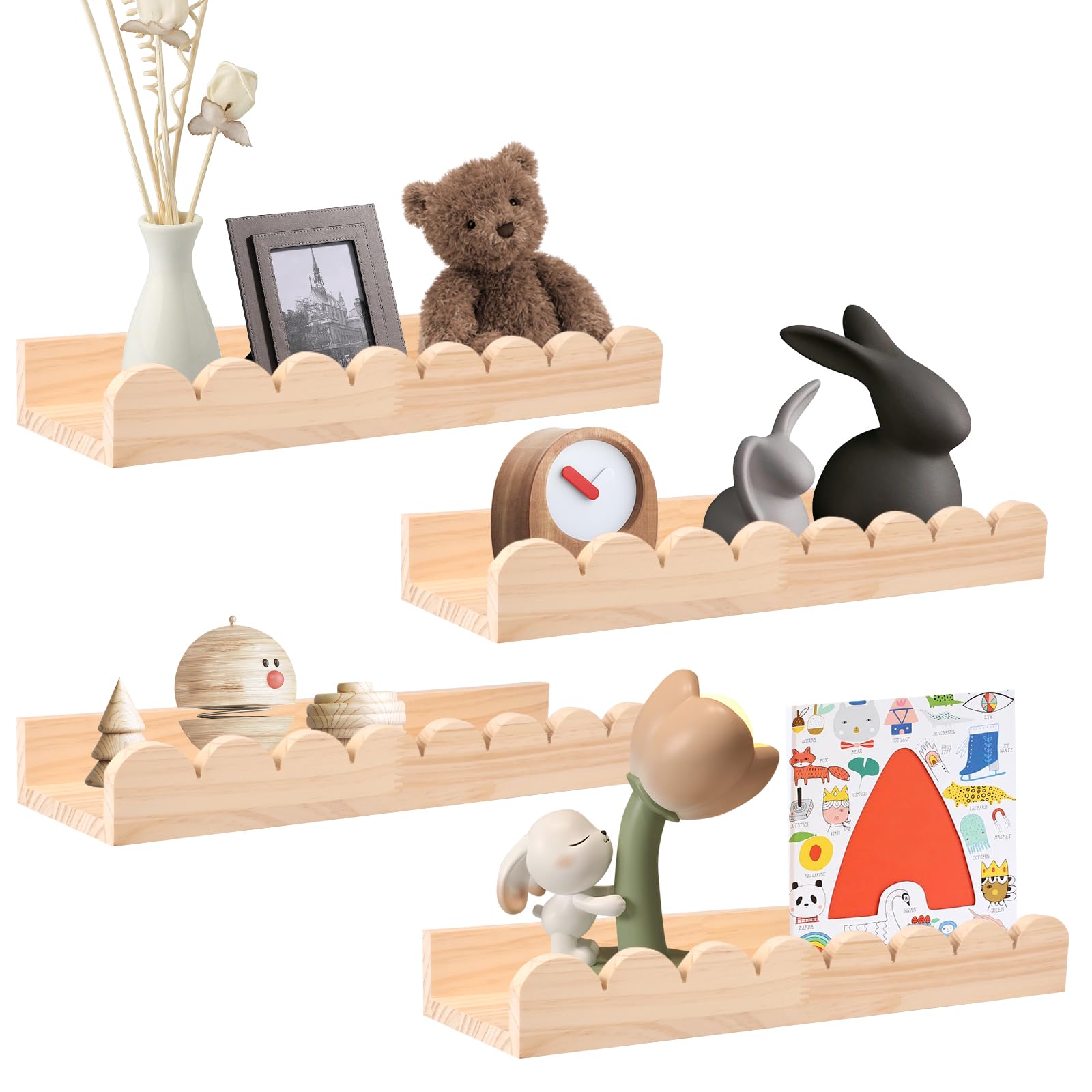 Foppla Scalloped Wood Wall Storage Shelf With Hook Strong Load Bearing Wood Floating Wall Scalloped Shelves Book Shelves Shelf Nursery Bookshelf for for Nursery Living Room Toddler Room(4PCS)