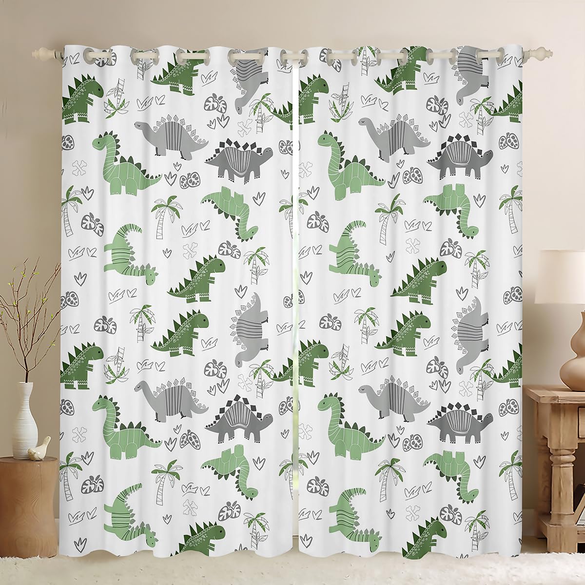 richhome Cute Dinosaur Curtains for Bedroom Living Room Green Grey Dinosaur Blackout Darkening Drapes Nutrue Palm Tree Window Treatments, 2 Panels W66*L72 Animal Theme Room Decor