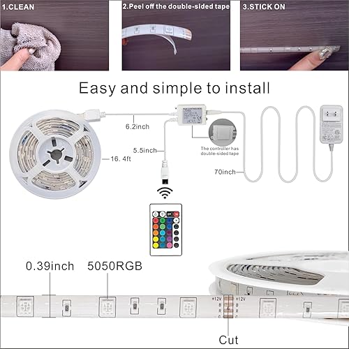 Miniatura 8 de Tira de luces LED RGB de 16.4 pies para niños, iluminación ambiental enchufable para sala de estar y sala de juegos, luces LED multicolor (RGB, 16.4