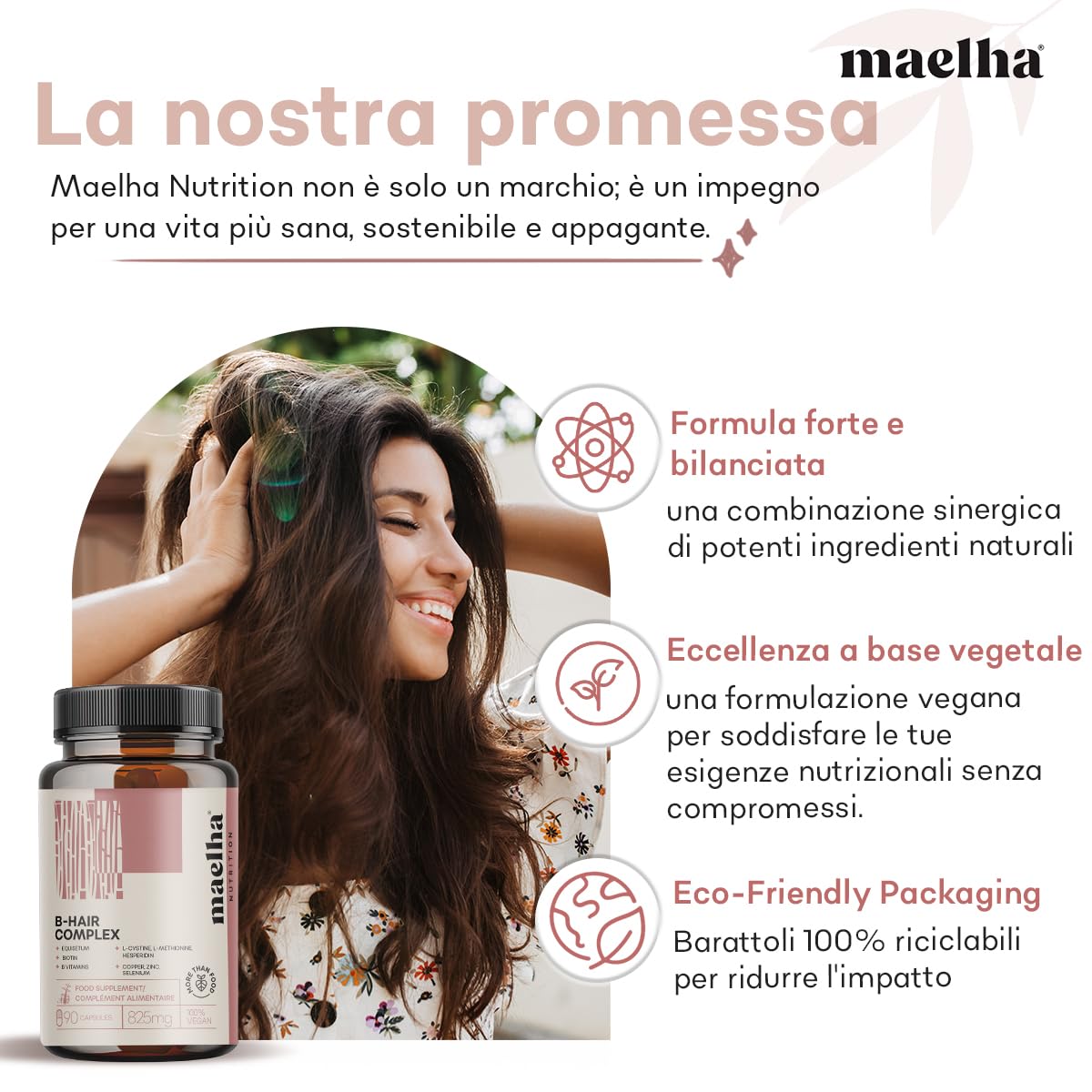 B-Hair Complex | Integratore Capelli e Unghie | Biotina Complex con L-cistina, Equiseto e Vitamina B | Integratore Capelli Uomo e Donna | 90 capsule | 100% Vegano
