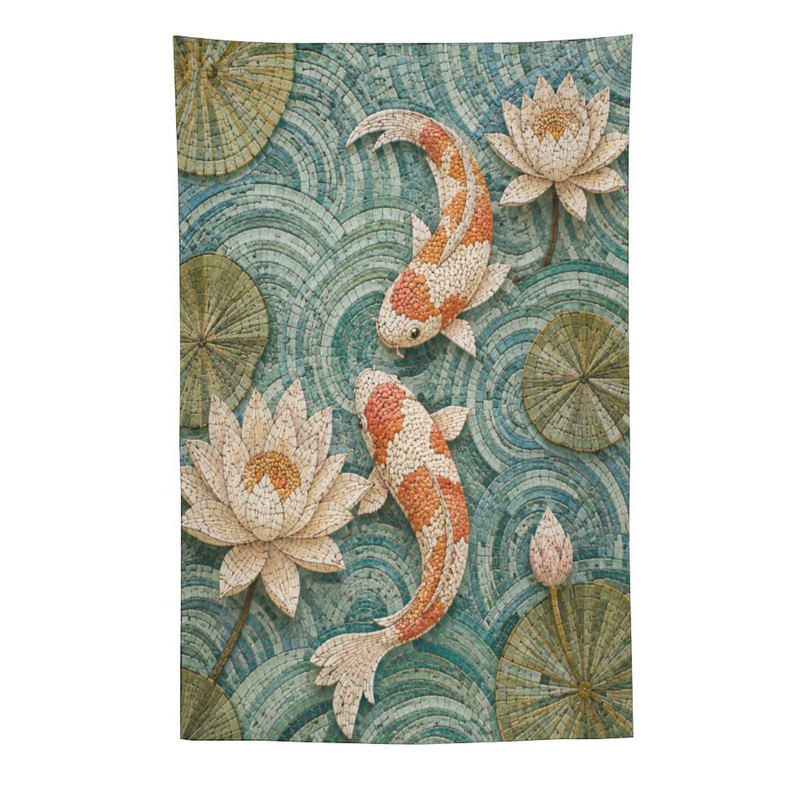 H3B8U2Y5 Koi Fish and Lotus Wall Tapestry, Ukiyo-e Style, Tranquil Pond