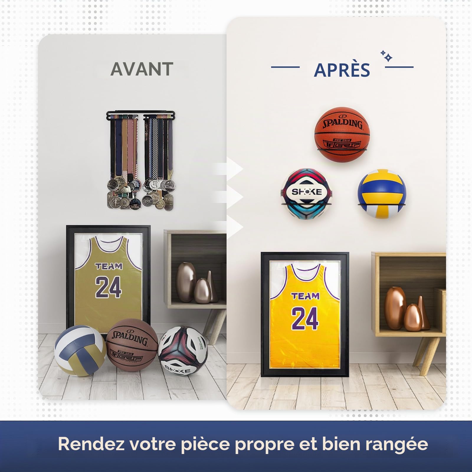 PUERSI Lot de 2 Support Mural Ballon Basket-ball Métal Noir, Porte Ballon pour Football Volley-ball
