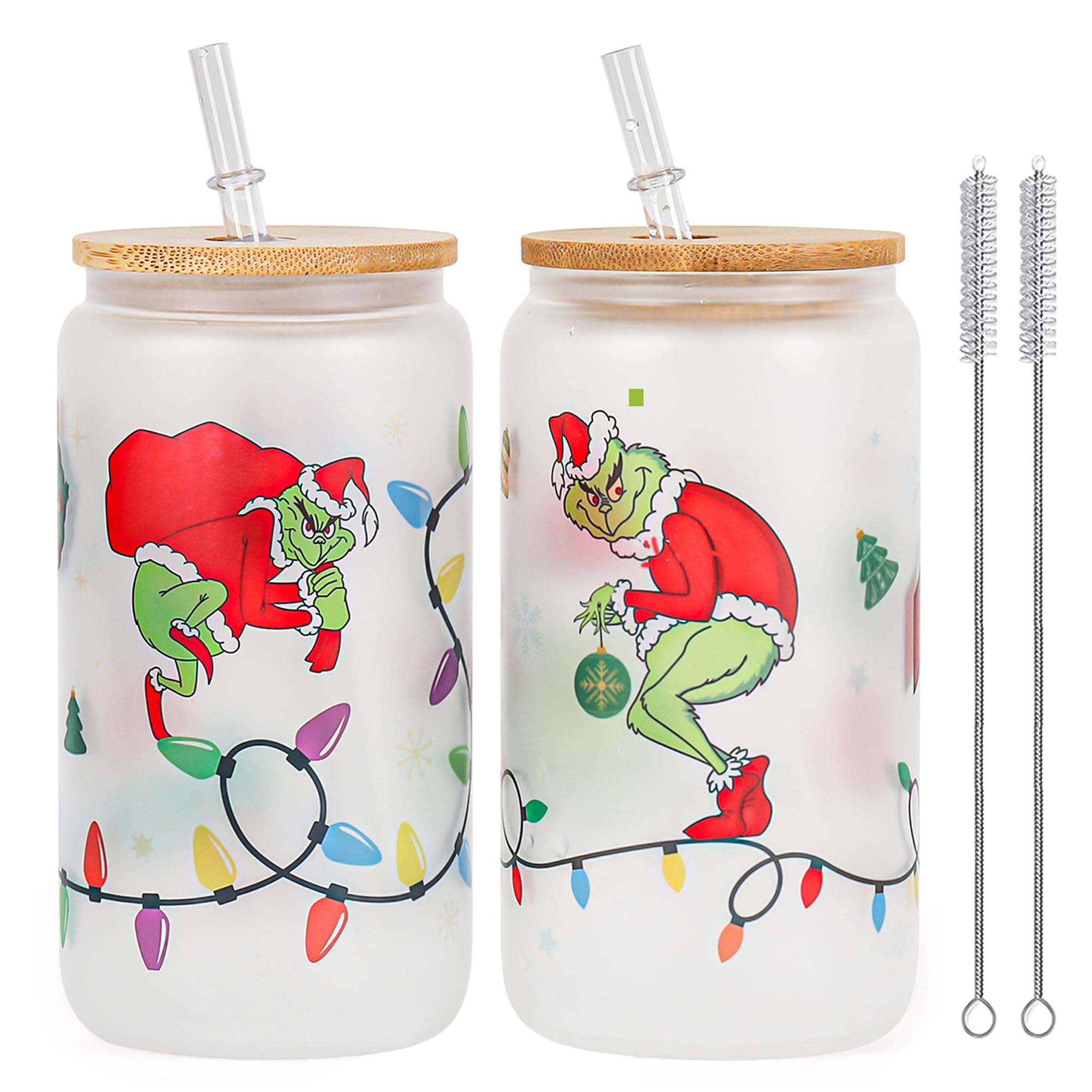 16oz Christmas Coffee Cups - Drinking Cups Christmas Coffee Can Glass with Lid and Straw, Grin-ch Xmas Tree Tumbler Drinking Glasses Coffee Mug Decor Glass Water Bottles Gift for Women Kids Men