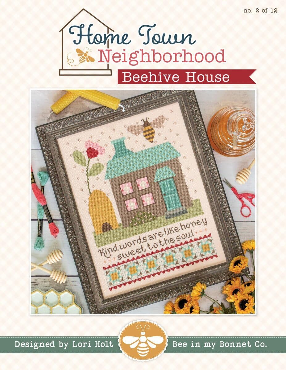 Riley Blake It's Sew Emma Home Town Neighborhood Beehive House Cross Stitch Pattern by Lori Holt of Bee in My Bonnet, Perfect for Quilting, Apparel, DIY Crafting, and Home Decor