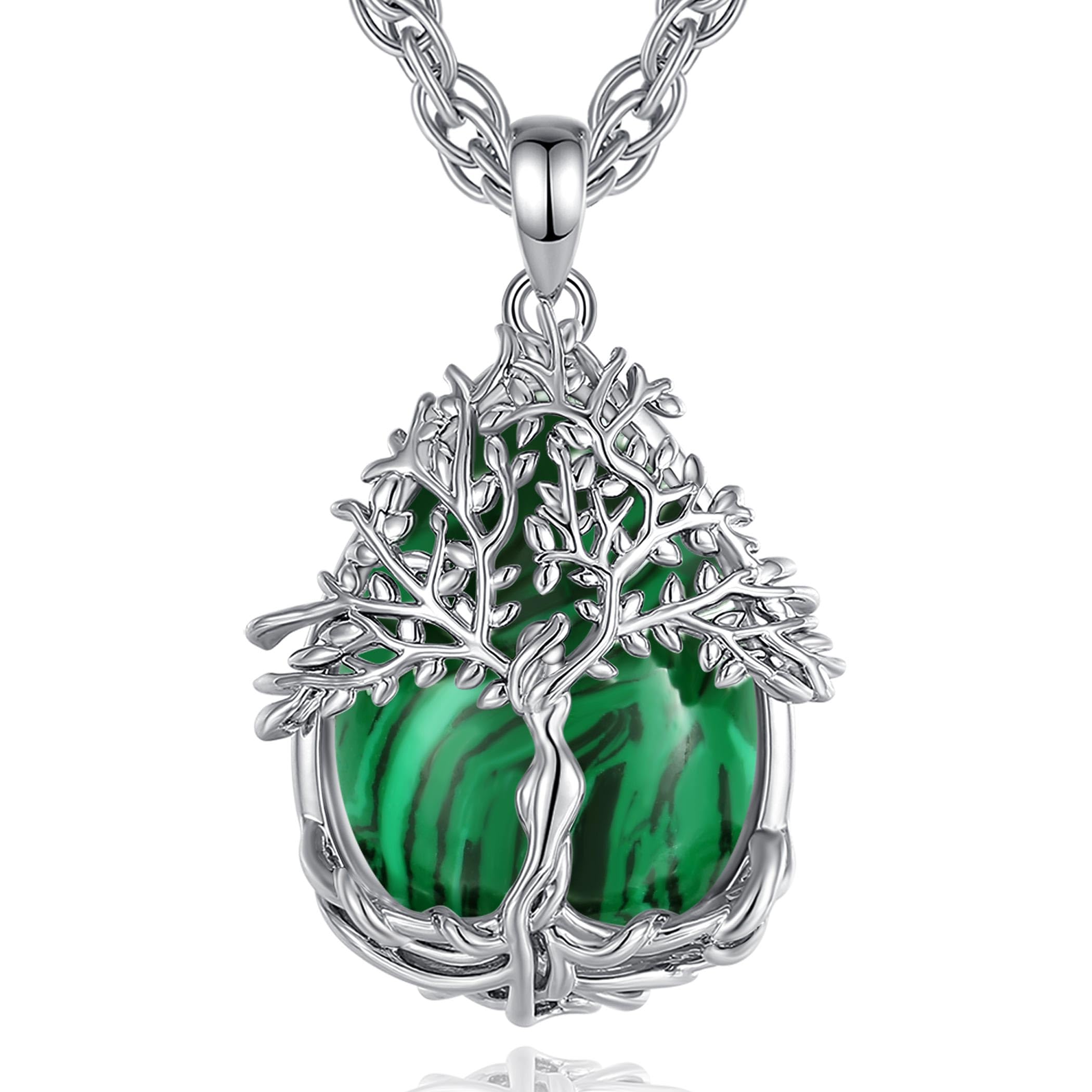 Vito Tree of Life Necklace for Women Men, Silver Plated Copper Teardrop Moonstone/Obsidian/Turquoise/Amethyst/Malachite Crystal Tree Necklace Protection Energy Amulet Jewelry Gift for Mom Wife, 20+2"
