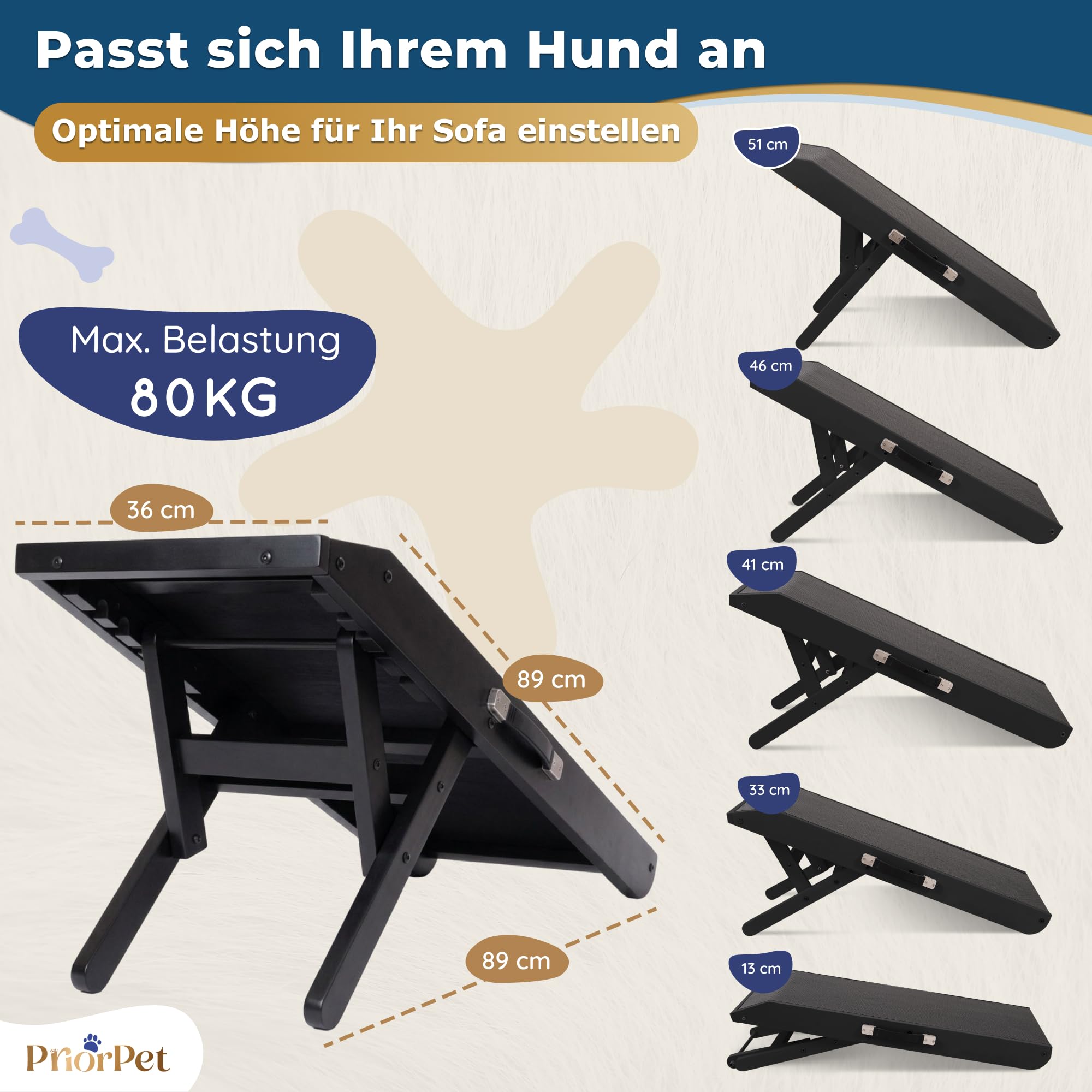 Hunderampe - Hundetreppe für kleine Hunde und große Hunde - Einstellbar 18-53 cm - Für Bett Sofa - Birkenholz - Landeplattform schließt nahtlos an - Rampe Hund Klappbar - Anti-rutsch Einsatz Schwarz