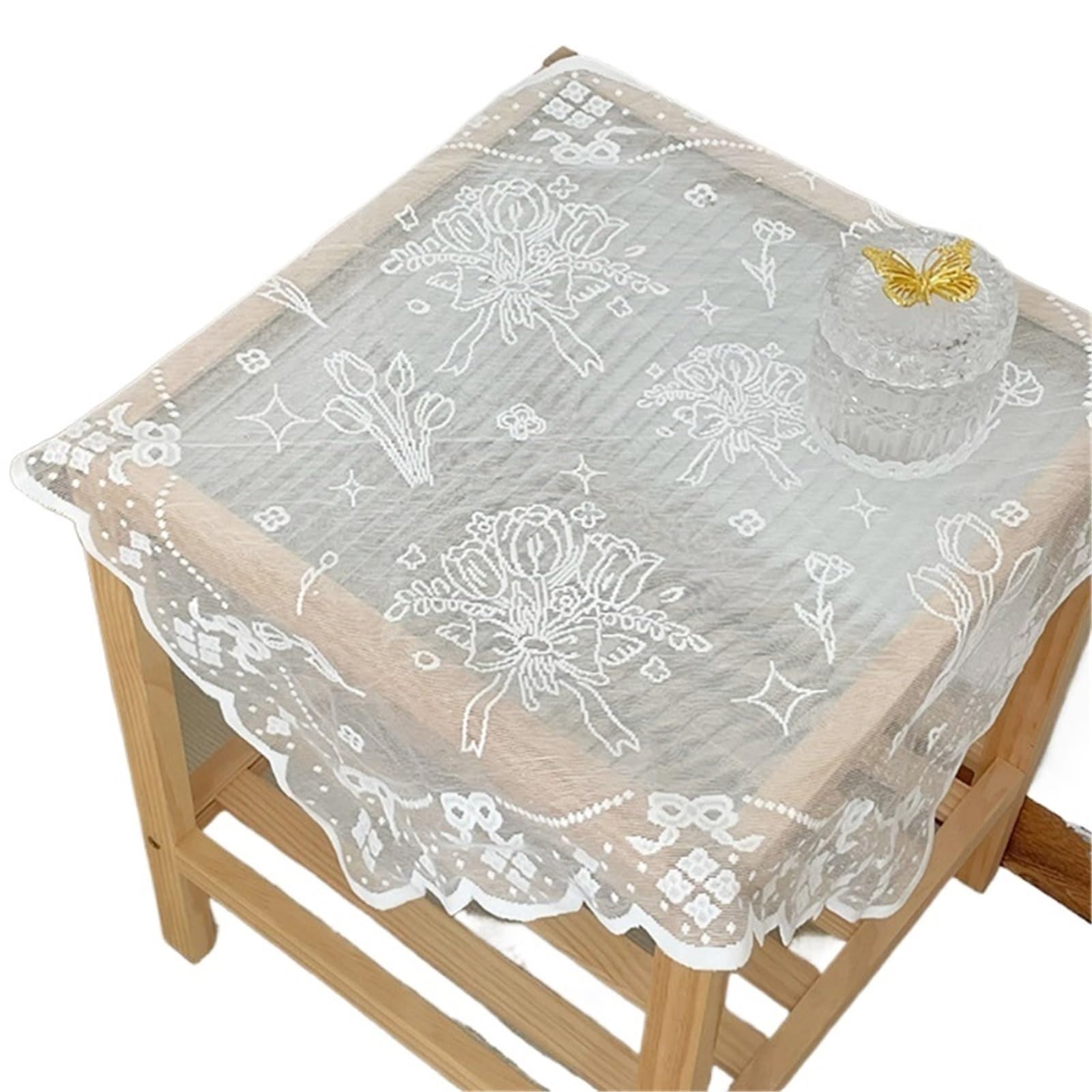 VIOLDHHJK Lace Tablecloth Bouquet Lace Tablecloth Coffee Table Bedside Cover Plain White Three Dimensional Runner(90x90cm)