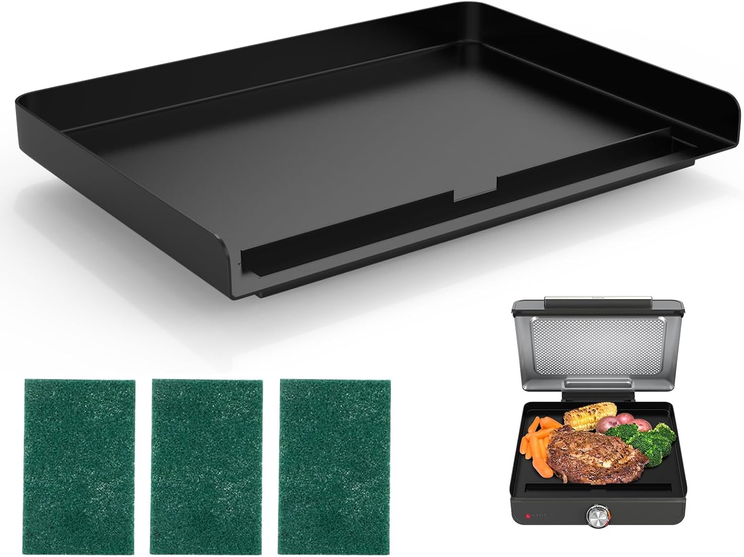 SafBbcue Griddle Plate for Ninja GR101 Sizzle Smokeless Indoor Grill, 14’’ Nonstick Flat-Top Griddle Plate for Ninja Sizzle Smokeless Grill Accessories with Griddle Cleaning Tool