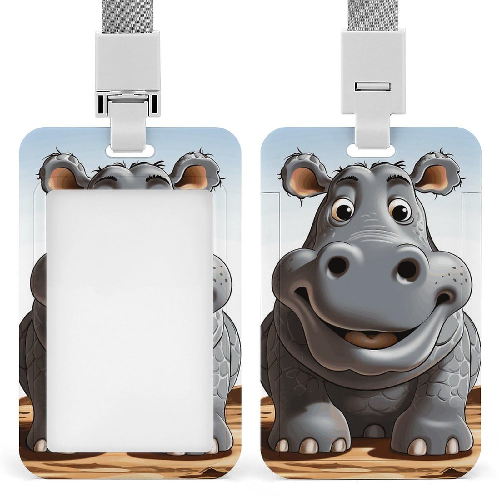 ID Card Holders for Lanyard,Cartoon Hippo Printed Badge Holder with Clear Window,Plastic Vertical Bus Pass Holders for Work Teacher Nurse Employees Proximity Key Cards Women Men