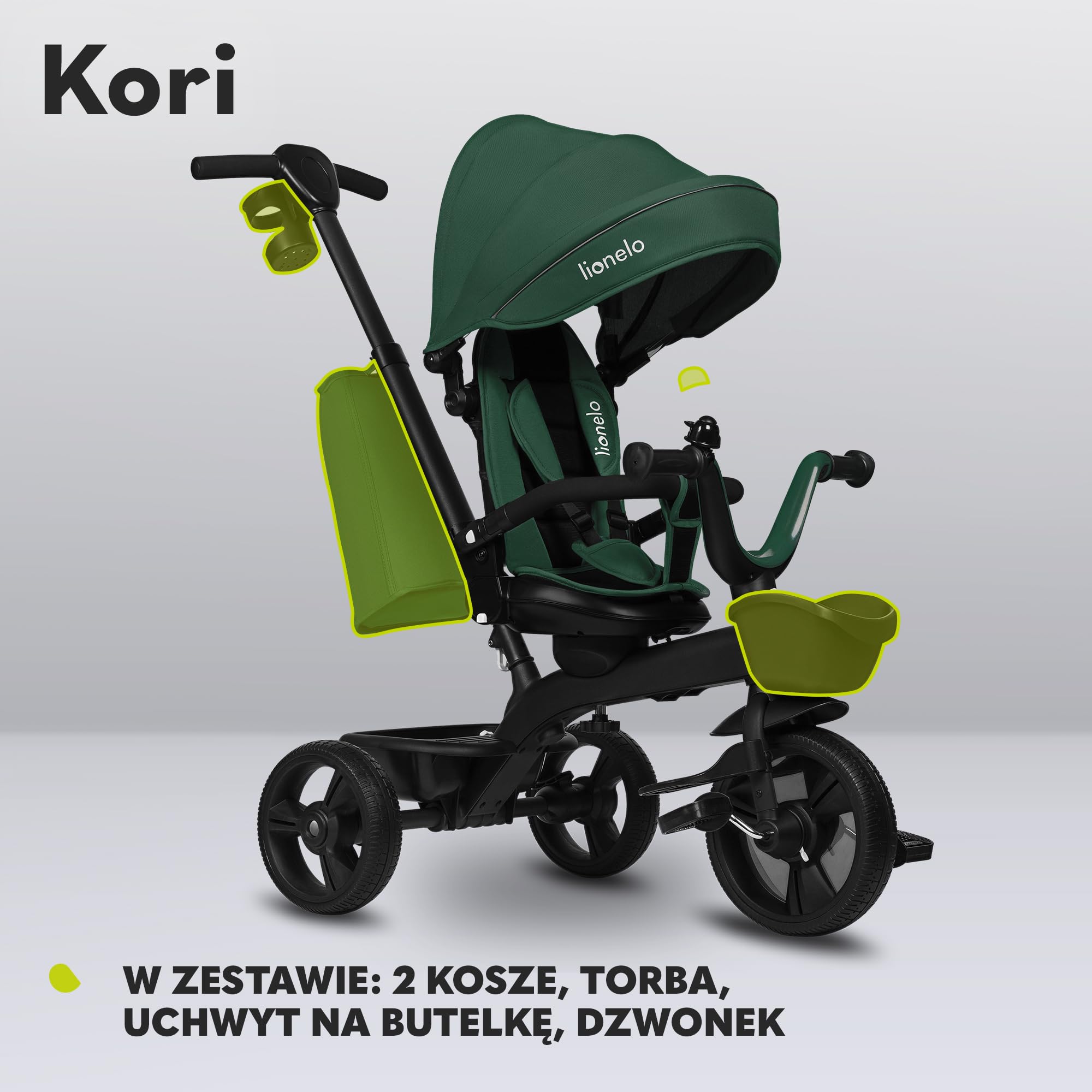 LIONELO Kori Rower trójkołowy 2 w 1, kontrola toru jazdy, obracane siedzisko, składany daszek, wytrzymała i lekka konstrukcja, uchwyt na kubek, praktyczna torba