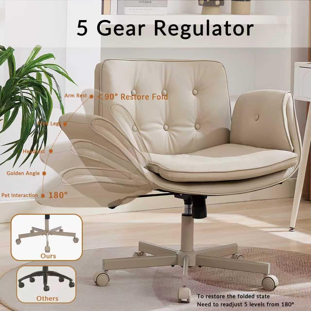 Criss Cross Office Chair with Wheels and Arms, Beige Vanity Chair with Back, Comfy Swivel Cross Legged Office Chairs for Ultimate Comfort and Support, Unique Multifunctional Stylish Arms