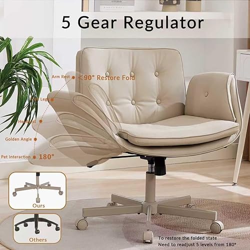 Miniatura 4 de Silla de oficina cruzada con ruedas y brazos, silla de tocador beige con respaldo, cómodas sillas de oficina giratorias con patas cruzadas para la