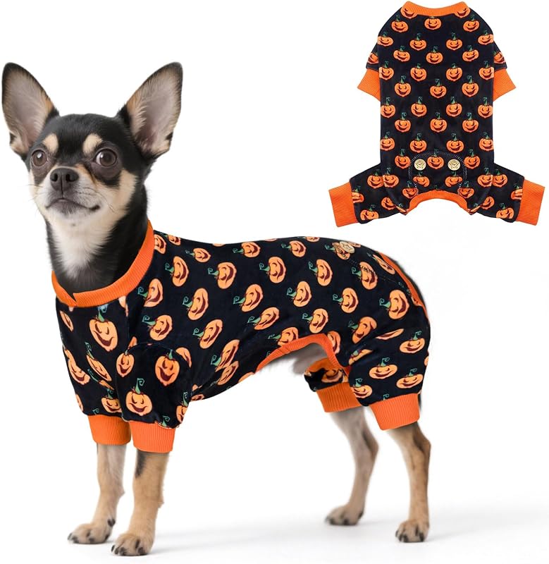 Pijama de Veludo para Cães Pequenos e Gatos KYEESE com Estampa de Abóbora – 33 × 23 × 25 cm