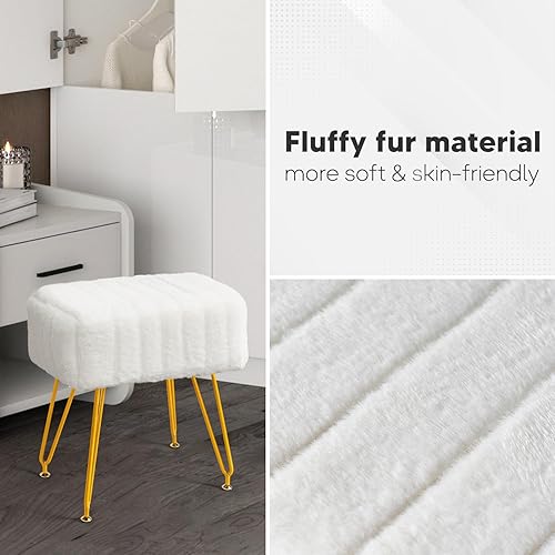 Miniatura 4 de MOOWIND Taburete de tocador, otomana de piel sintética, taburete de maquillaje suave y peludo, asiento acolchado compacto, reposapiés decorativo
