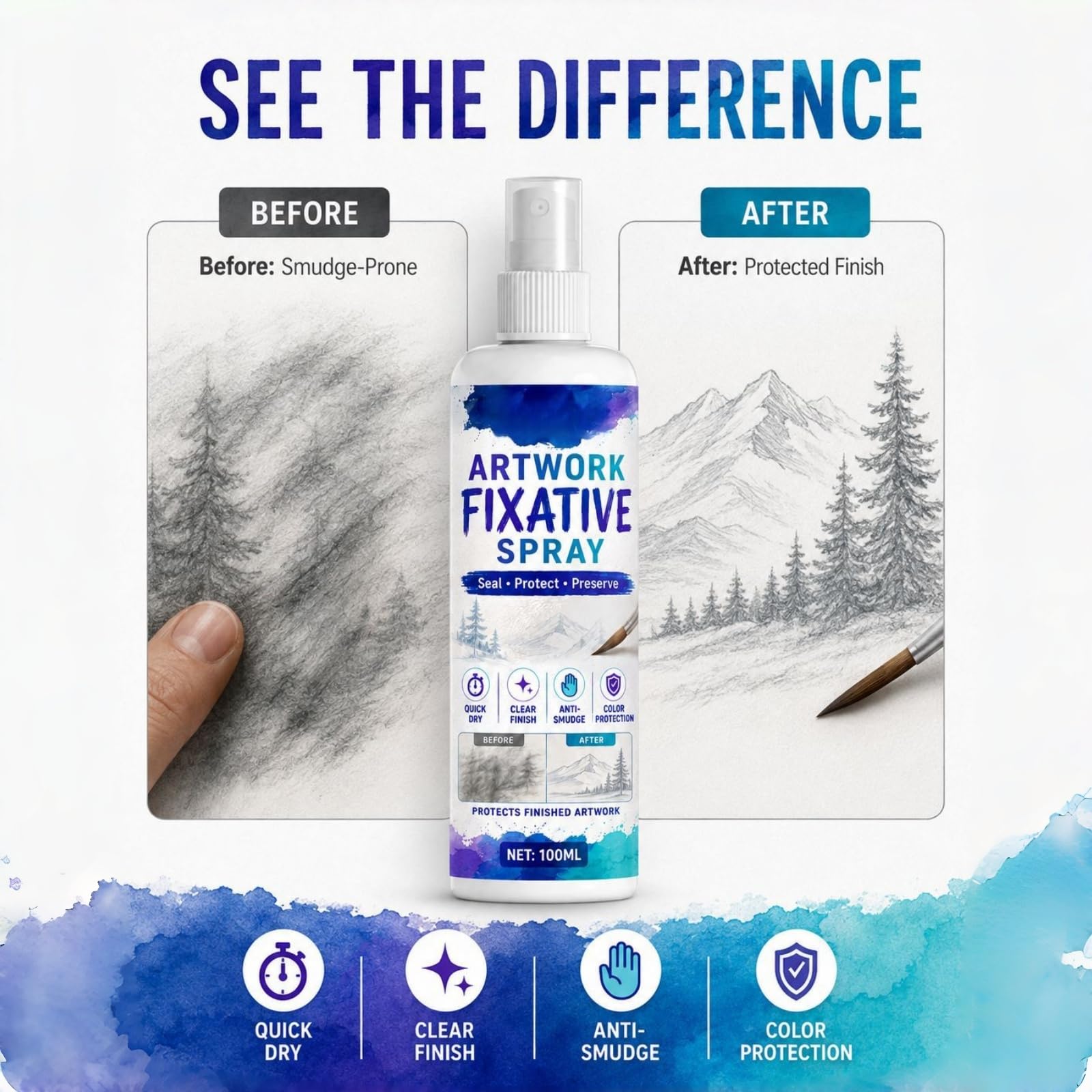 Spray fixatif réalisable pour l'art, fixatif au Pastel à l'huile pour Les Dessins au Fusain et au Crayon, Spray fixateur Anti-Taches, scellant de Finition Mat à séchage Rapide (6pcs)