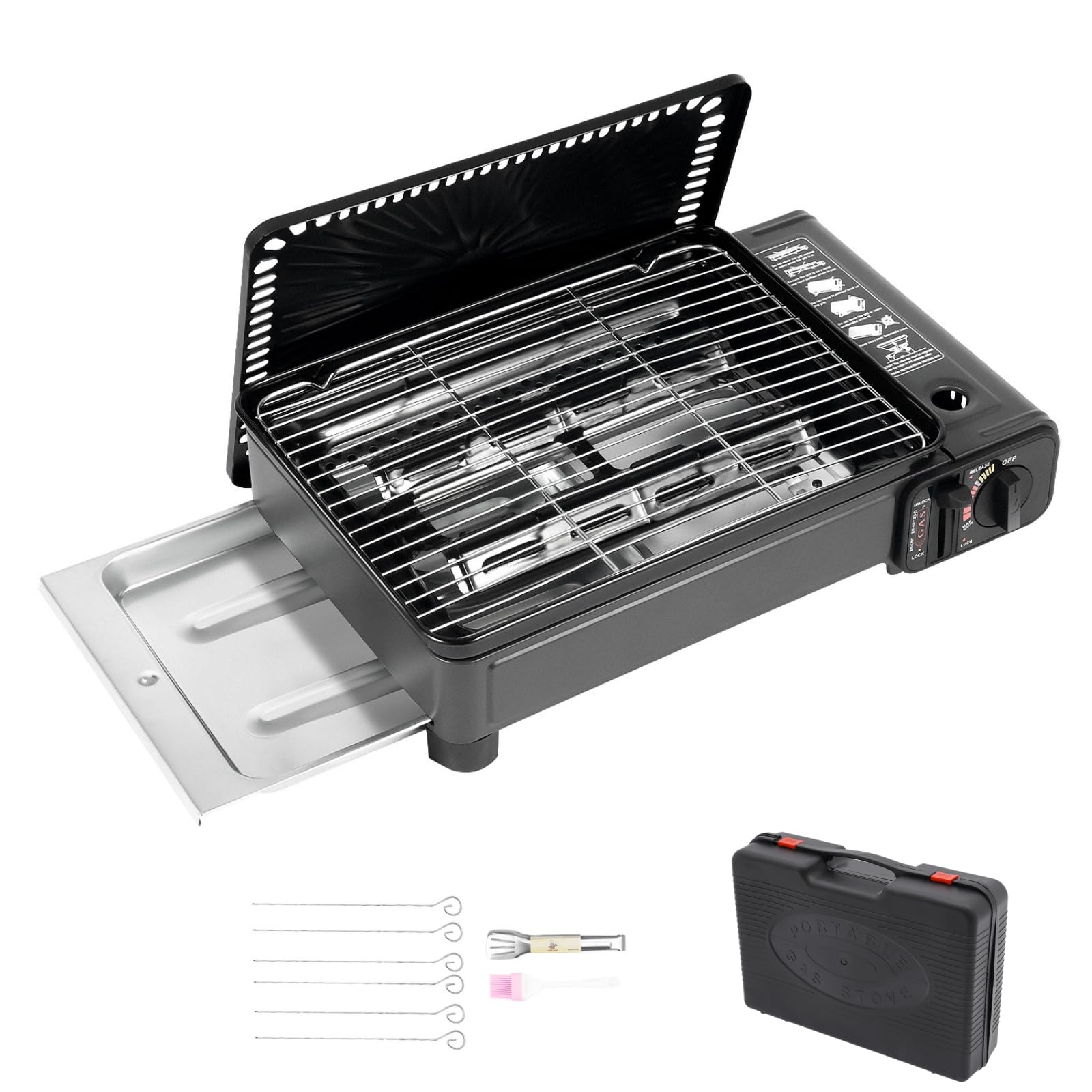 Barbecue a gas portatile da campeggio, piccolo con rete per barbecue, cartucce, griglia a gas, mini fornello a gas con piastra, cartuccia a gas da campeggio, barbecue a gas, piccolo barbecue