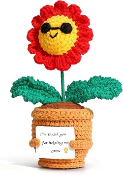 RovyFota Handmade Crochet Daisy in Pot with Thank You Card, Cute Teacher Appreciation Gift, Positive Desk Decor, Mini Potted Plant Thank You Gift for Mom, Mentor, Coworker, Graduation