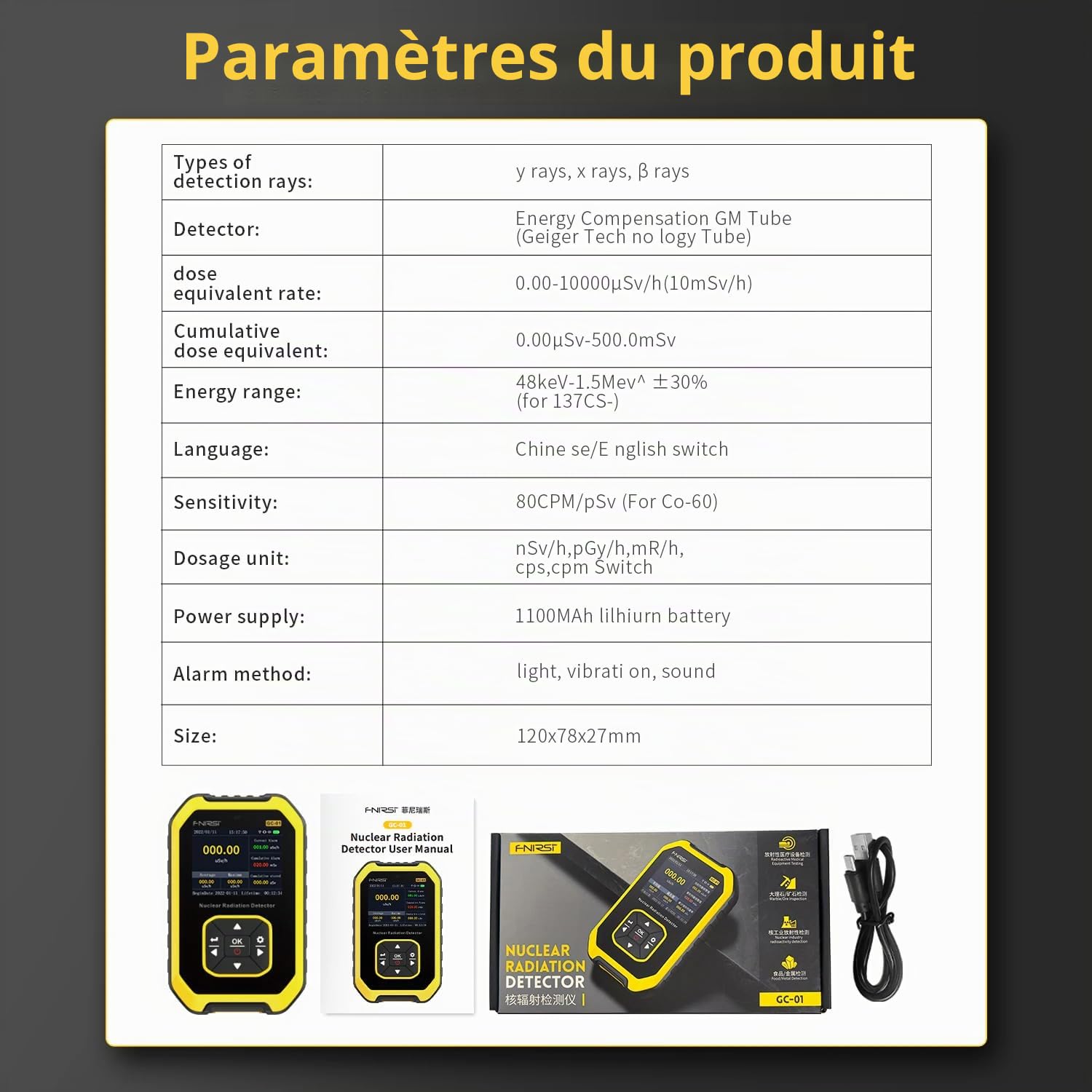 Fnirsi Détecteur de rayonnement nucléaire Geiger counter GC-01 Geiger counter Dosimètre personnel X-ray γ-ray β-ray Testeur de radioactivité détecteur de marbre (jaune)