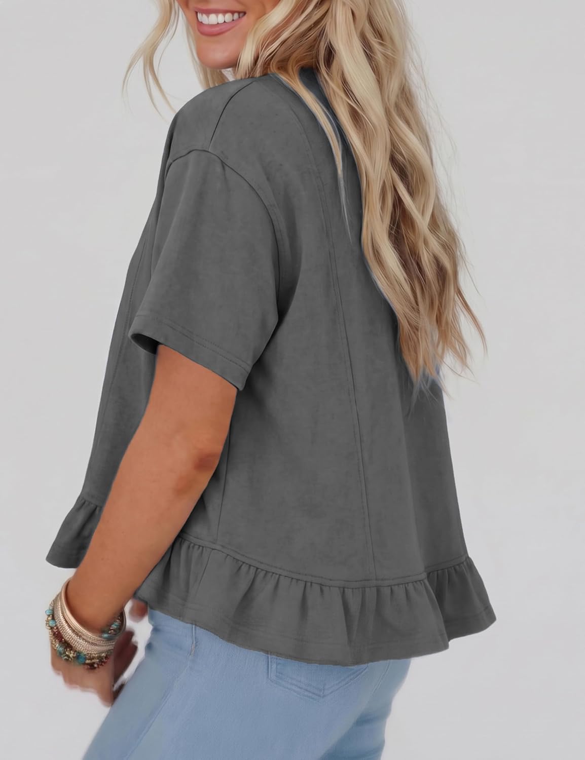 Watashi Women Oversized Short Sleeve Crop Top Casual Crew Neck Ruffle Hem Babydoll Summer Blouses Peplum Pleated Tops