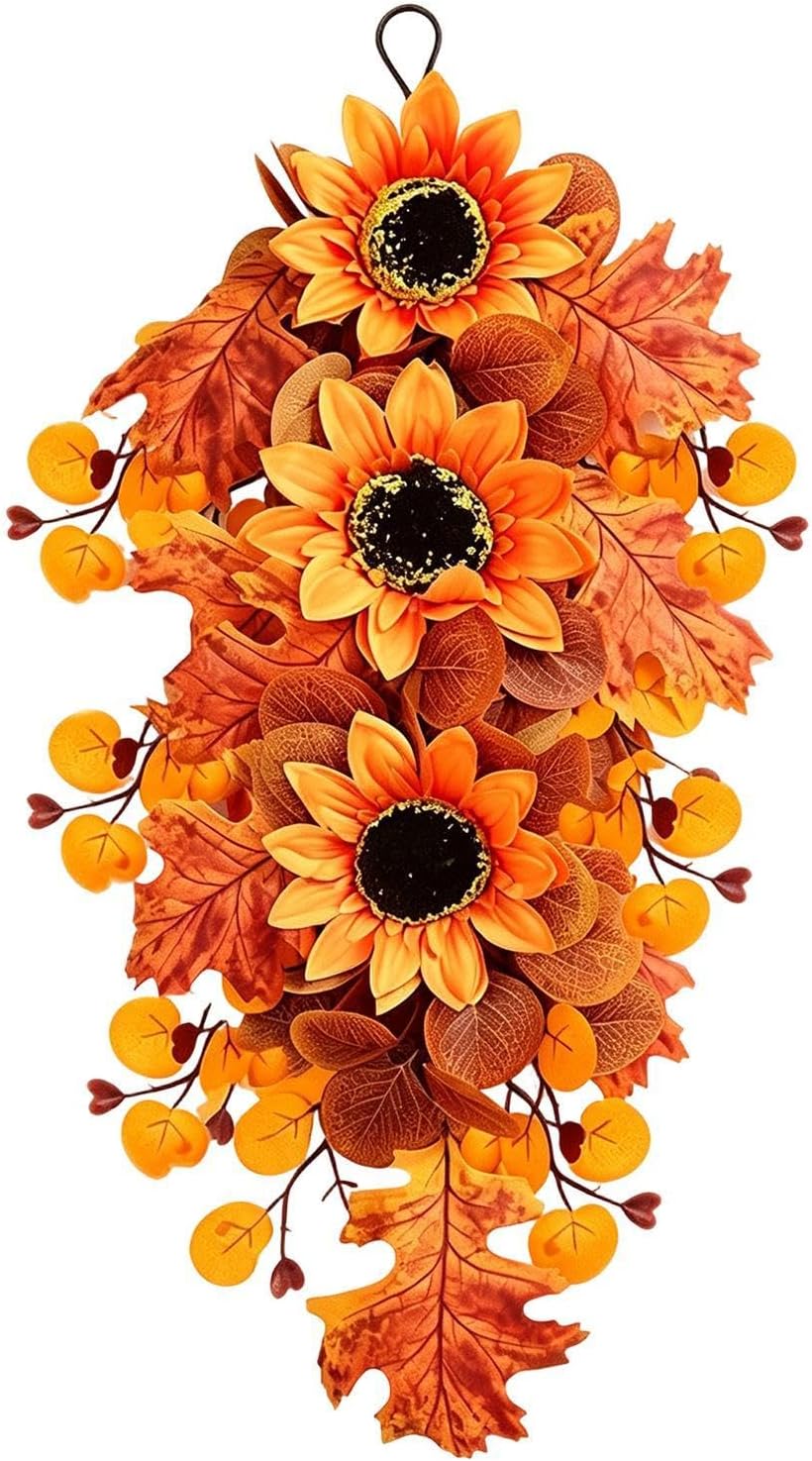 Artificial Fall Teardrop Swag, Sunflower Pumpkin Harvest Wall Décor, 15.7in