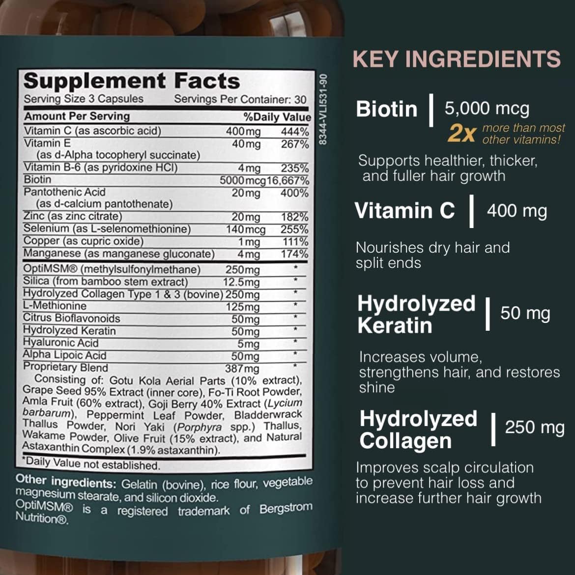 Vine Nutrition Hair Vitamins for Faster Hair Growth Hairtonica - Best Hair Growth Supplement - Support Hair Loss & Thinning Hair Growth Pills - Hair Supplement Biotin 5000mcg, MSM, Keratin 90 ct