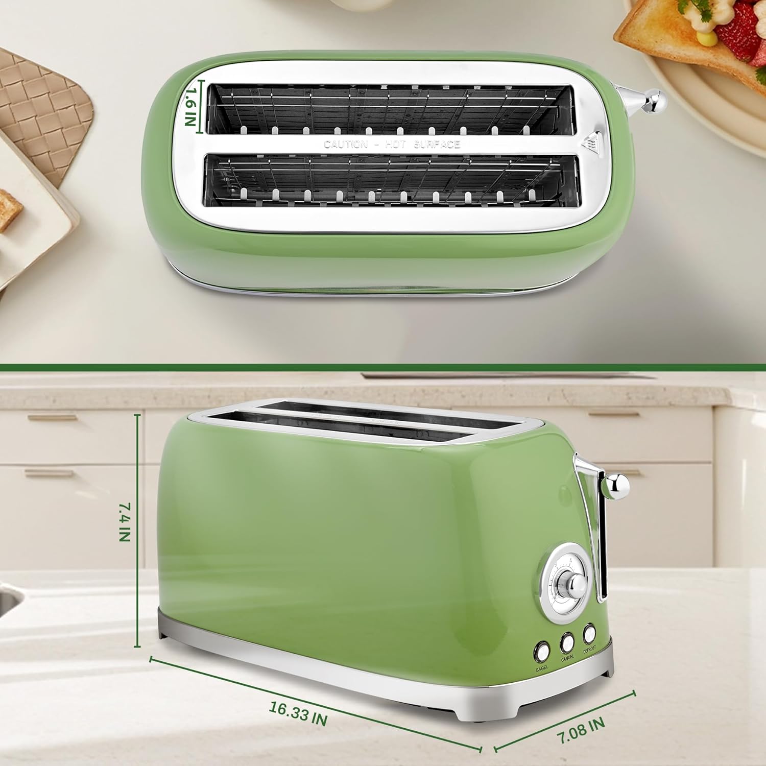 SUSTEAS 57oz Electric Kettle & Toaster 4 Slice Wide Slot, Stainless Steel Bread Bagel Toasters, 1500W, Cordless LED Indicator, Auto Shut-Off, Retro Green