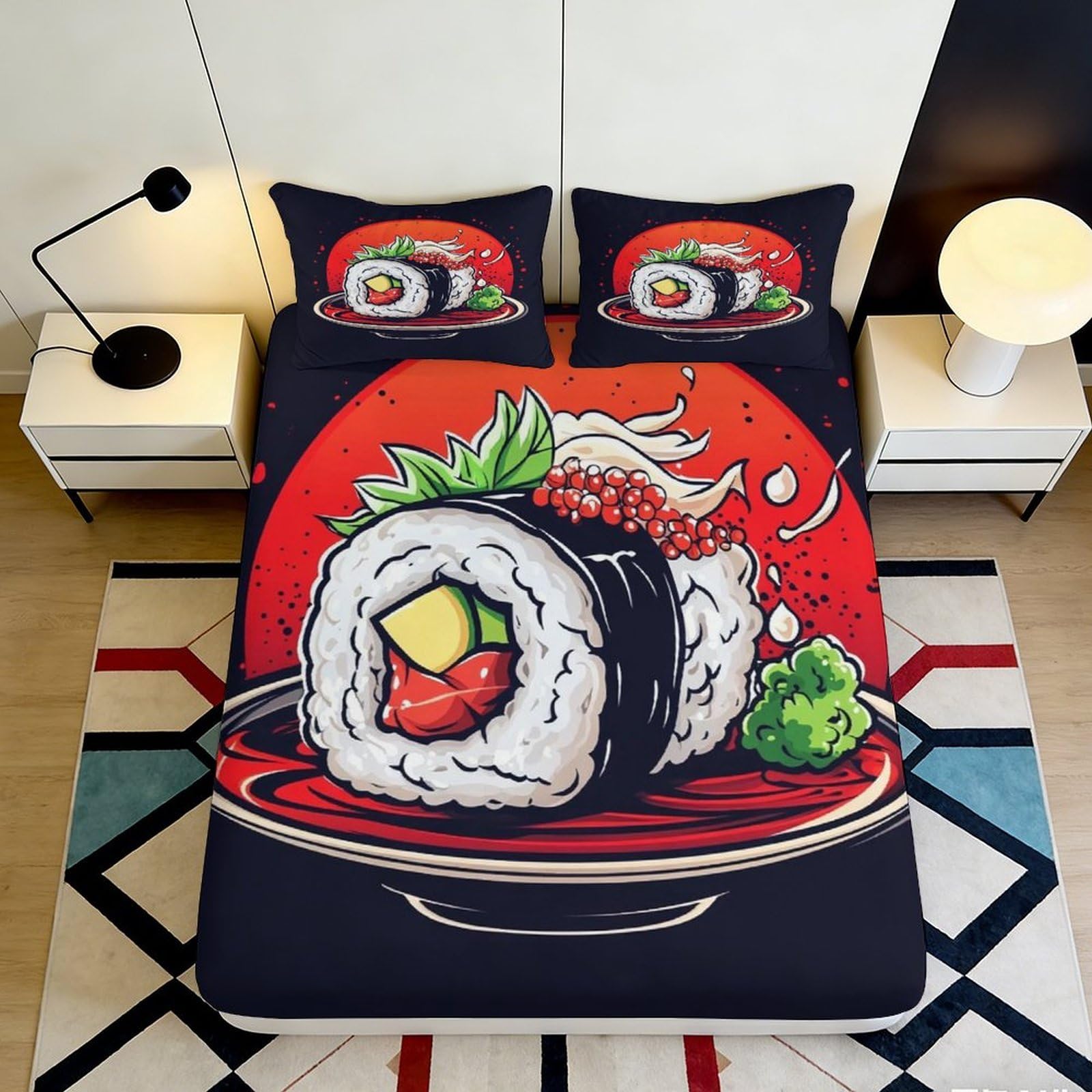 3D Printed Sushi Art Fitted Sheet Microfiber Soft Black Red Japanese Food Mattress Cover for Bedroom Guest Room Decor 90x200x25cm