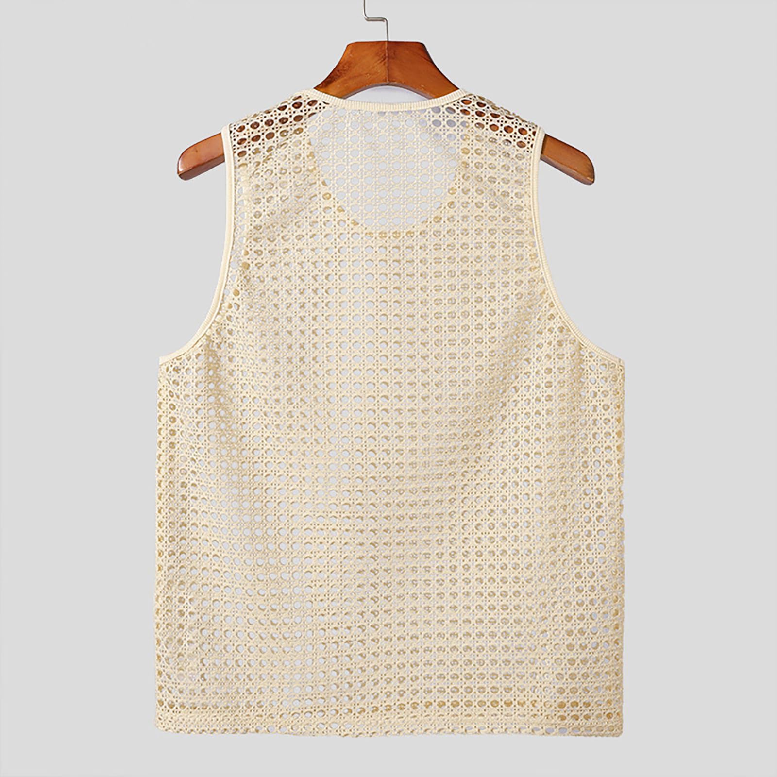 Generisch Hombres Crochet Tank Tops Hueco Transparente Chaleco de Punto Cuello Redondo Verano Camisetas de Punto