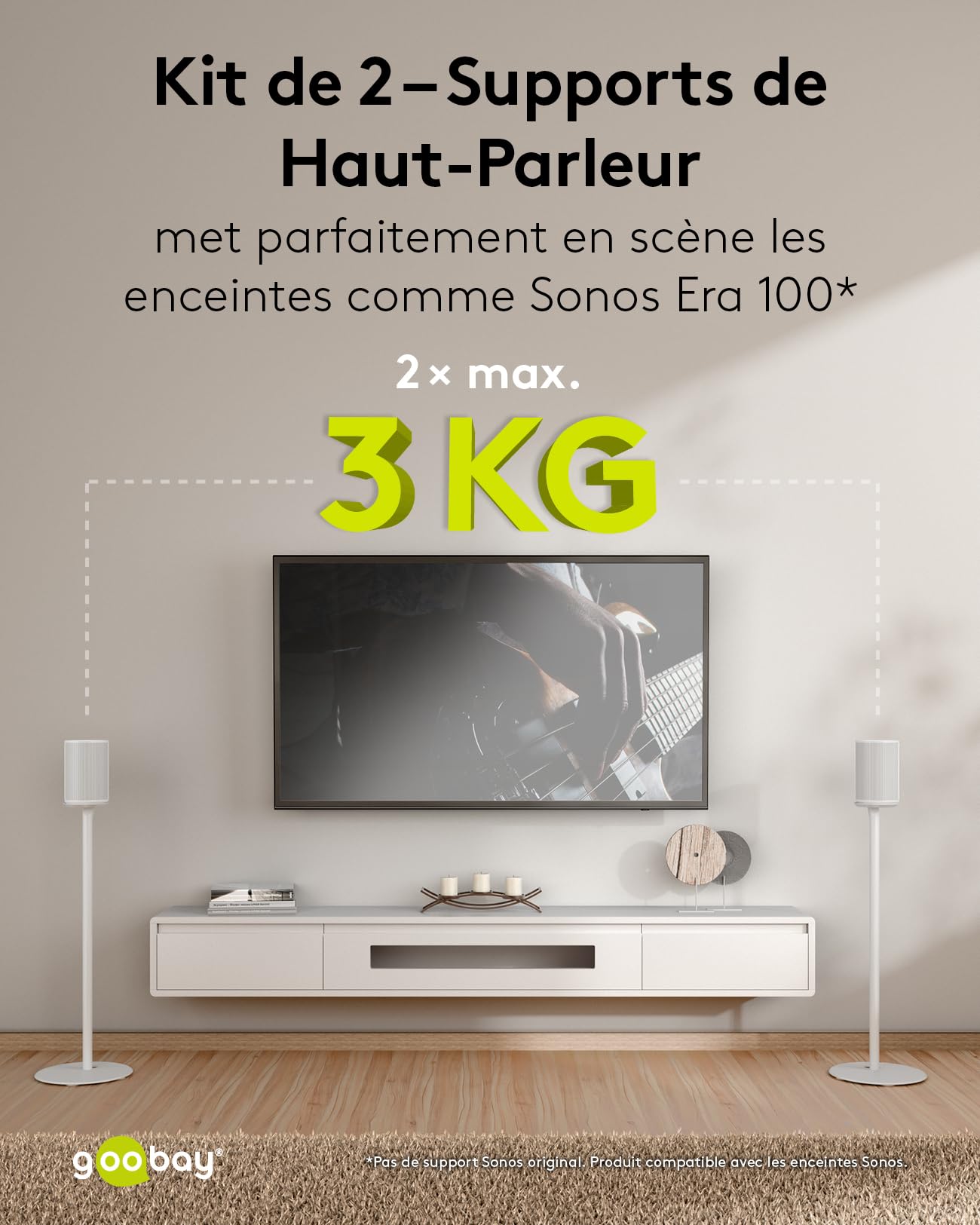 goobay Pied Enceinte pour Sonos Era 100 - Hauteur 71,5 cm - Jusqu'à 3 kg - Acier Blanc - Gestion des Câbles - 71983
