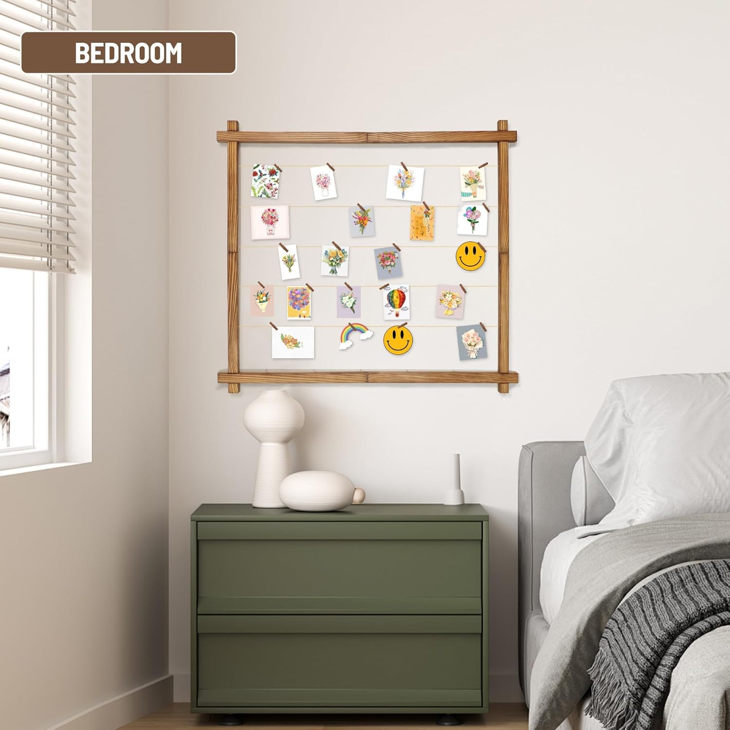 Picture Frames Collage,Photo Display Board With Clips,Hanging Picture Wall Decor for Dorm Graduation Letter Postcard Greeting Card Organizer Holder,Pine Wood,Adjustable Metal Bead String,Large - Image 5