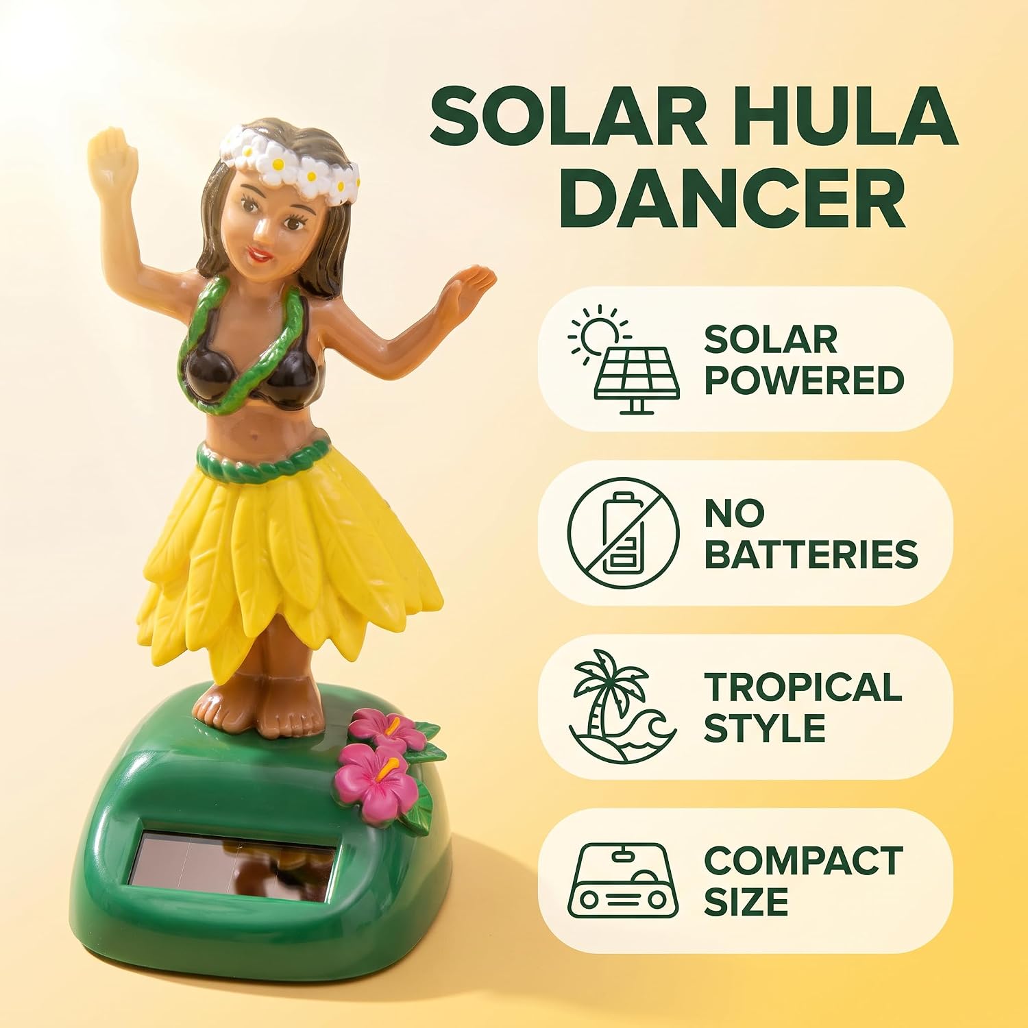 Yellow Hawaiian Dashboard Ornament with Kinetic Dance Motion, Solar-Powered Hula Girl Car Decor,Auto Interior Accessories & Tropical Home Decor for Office/Party Multi-Scene Decoration image 2