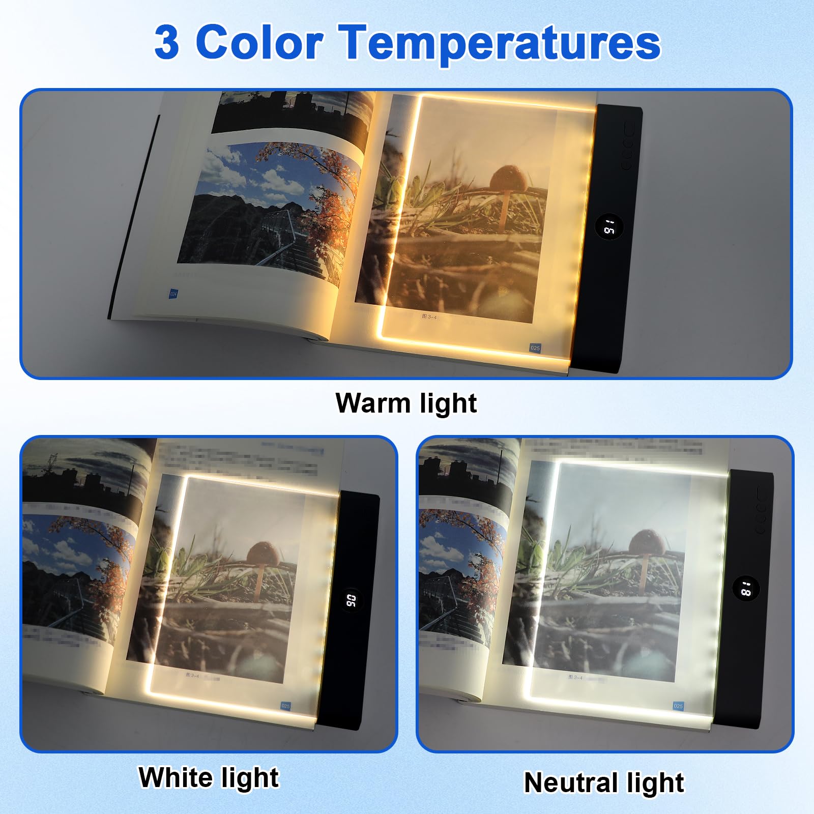 Intelligentes flaches Buchlicht, wiederaufladbar, klare LED-Leselampe mit 3 Farben und Timer, dimmbare Ganzseiten-Lampe, Leselichter für Bücher, Augenschutz für Kinder, zum Lesen bei Nacht im Bett