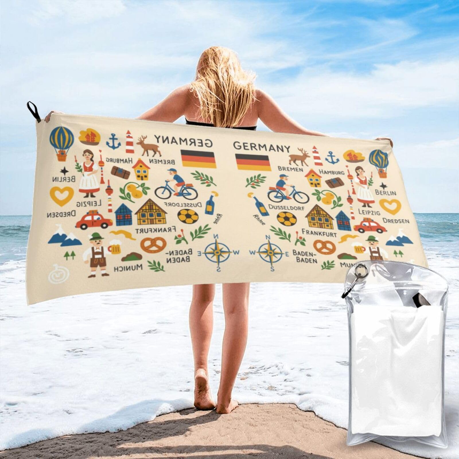 HLBSDM Germany Cultural Symbols Illu Print Beach Towel Quick Dry Portable for Swimming Yoga Travel Campers