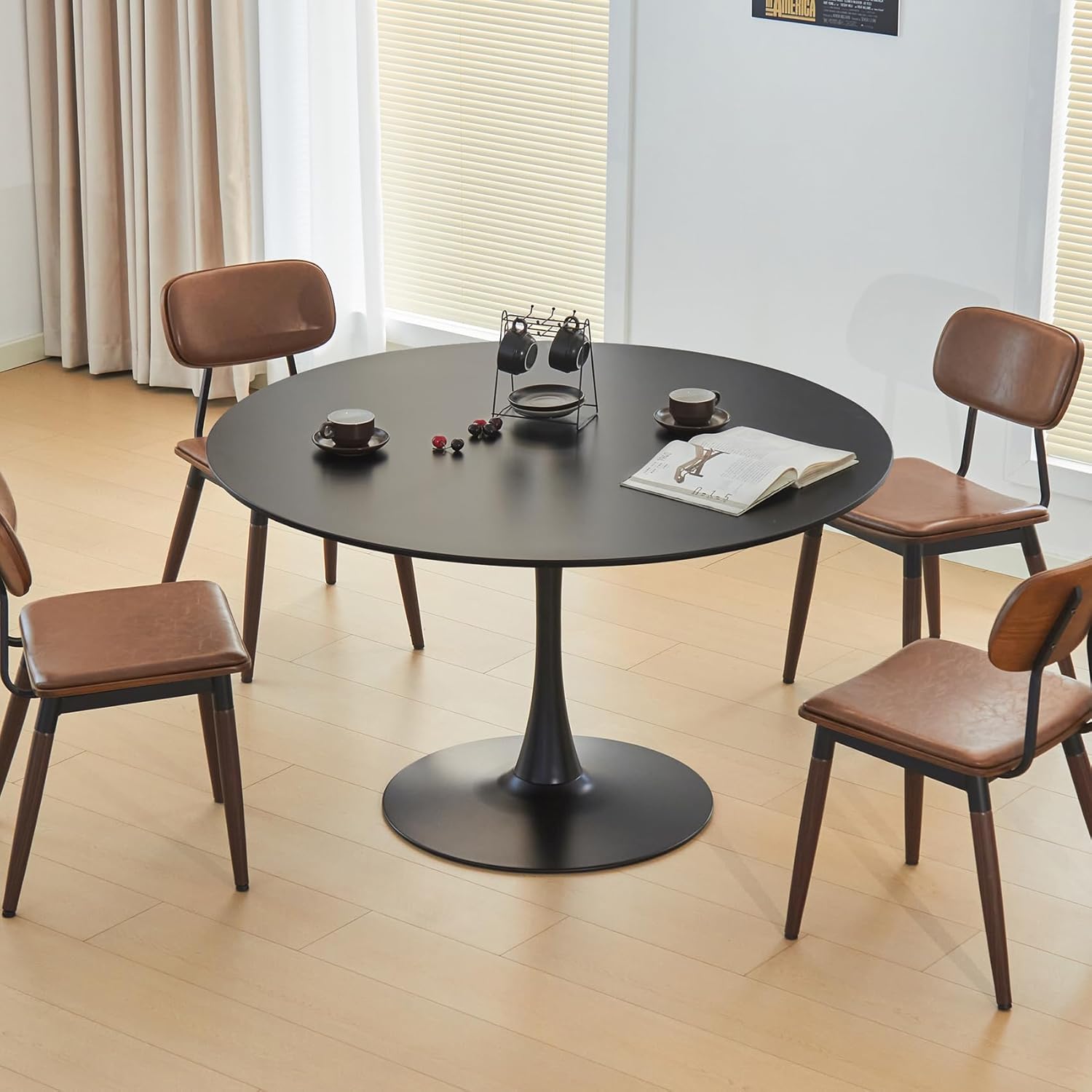 43.5" Tulip Table, Round Dining Table with Thickened Tabletop & Metal Pedestal, Mid Century Modern Bistro Circle Table for Kitchen, Small Places, Living Room, Cafe (White)