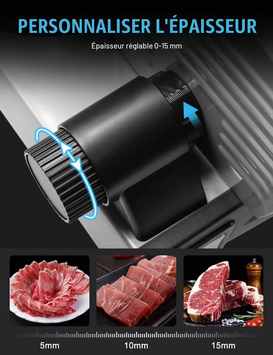 Trancheuse Électrique 200W Moteur DC Silencieux, 2 Lames Inox 19cm Amovibles, Épaisseur Réglable 0-15mm, Multifonction pour Jambon Viande Pain Fromage Légumes