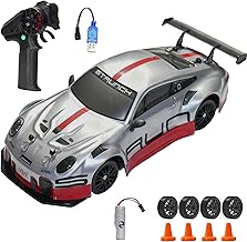 VikriDA 1:24 Scale RC Drift Car - 4WD High-Speed RC Racing Car with LED Lights, 2.4GHz Controller, Rechargeable Batteries & Drifting Tires - Grey & Red