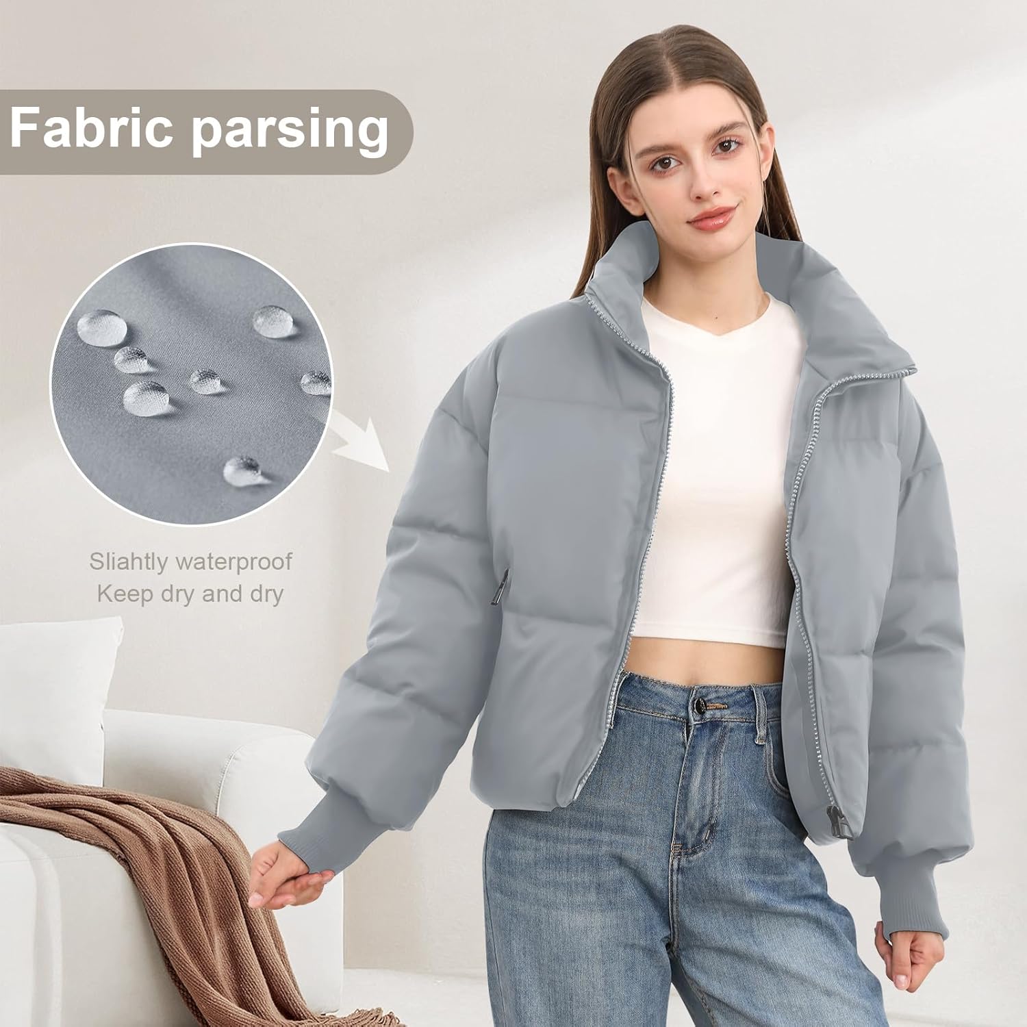 Women’s Winter Cropped Puffer Jacket Coat Casual Quilted Baggy Long Sleeve Zip Down Jackets Outerwear - Image 4