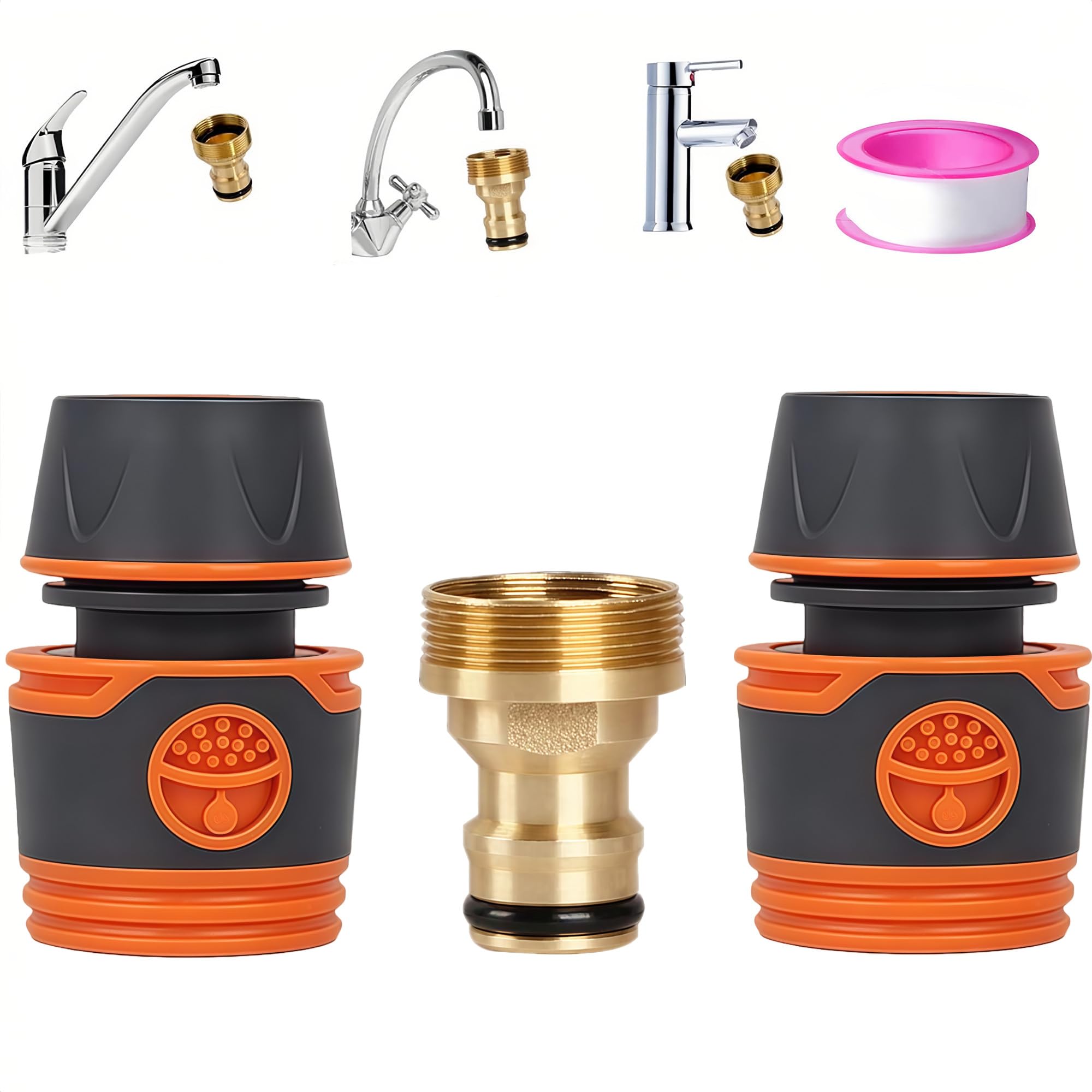 Universal Kitchen Tap to Garden Hose Connector Set, 22mm Male & 24mm Female Thread Brass Tap Adapter + 2 Quick Connect Hose Fittings with PTFE Tape, Indoor Sink Basin Tap to Water Pipe Quick Coupler